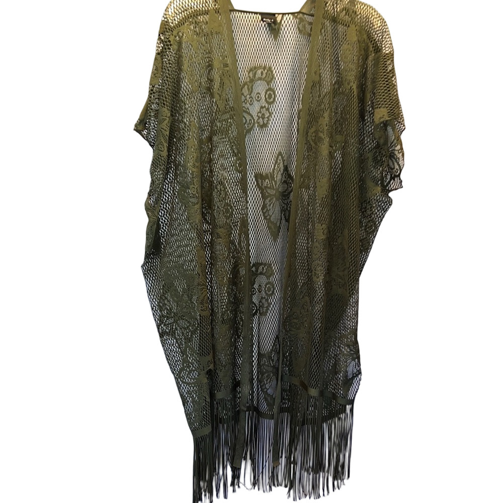 Fashly K Olive Green Fringe Kimono, Size OS